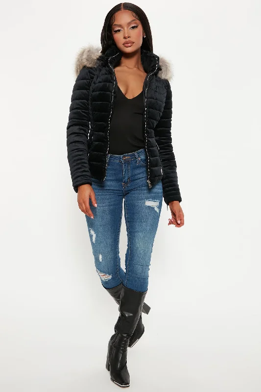 Always Ready Velvet Puffer Jacket - Black