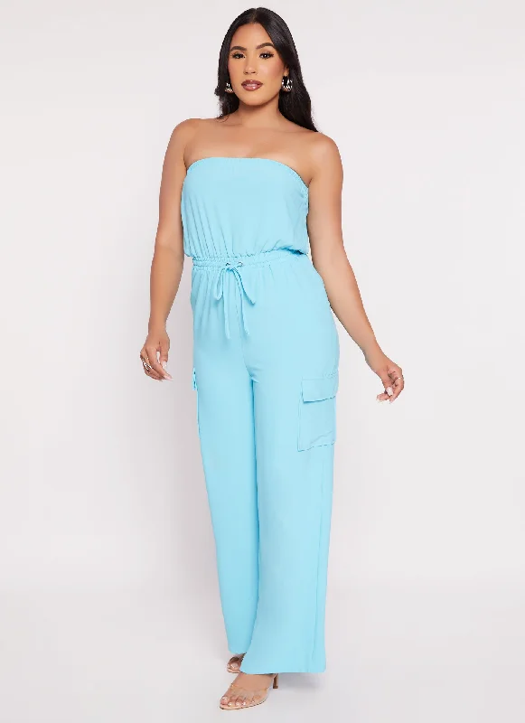 Haute Monde Strapless Drawstring Cargo Pocket Jumpsuit