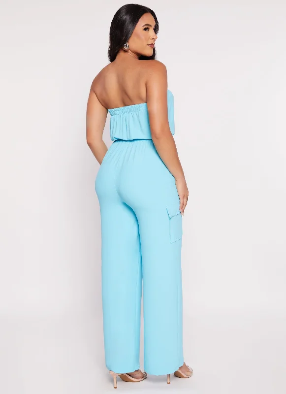 Haute Monde Strapless Drawstring Cargo Pocket Jumpsuit