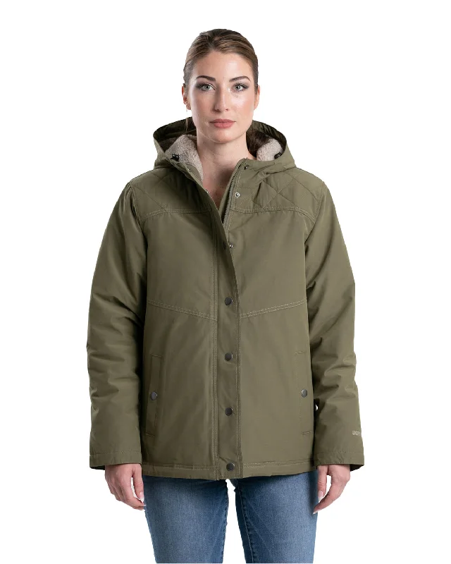 Berne Womens Softstone Micro-Duck Hooded Burnt Olive Cotton Blend Coat