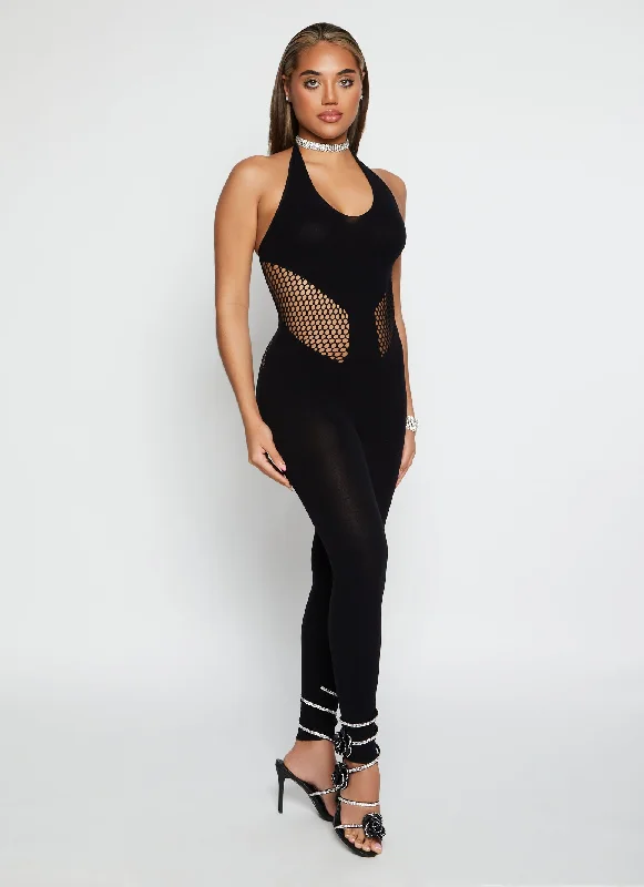 Fishnet Detail Seamless Halter Catsuit