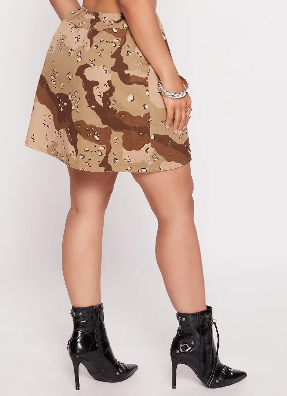 Camo Canvas Buttoned Side Slit Mini Skirt