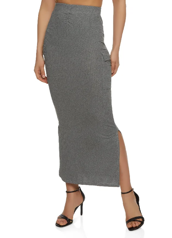 Ribbed Cargo Pocket Ruched Detail Maxi Skirt