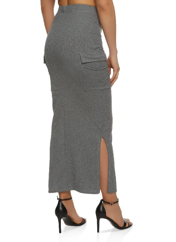 Ribbed Cargo Pocket Ruched Detail Maxi Skirt