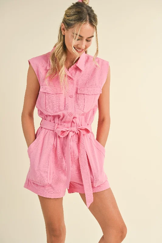 Cool Pink Button Up Cargo Romper