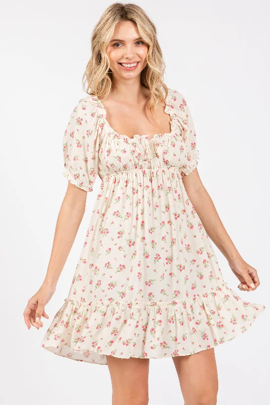 Cream Floral Babydoll Ruffled Mini Dress