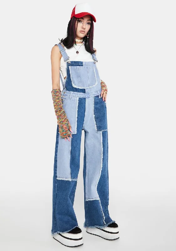 Cute Reaction Patchwork Denim Overalls