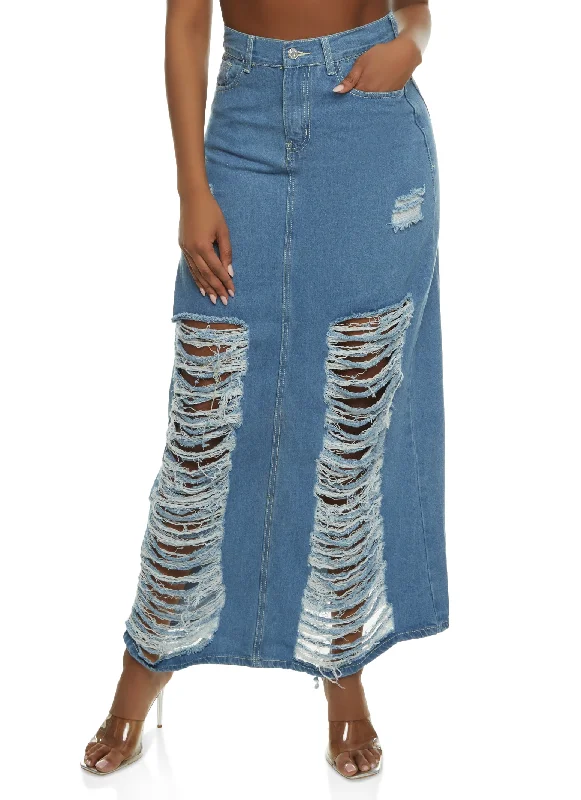 Slashed Distressed Denim Maxi Skirt