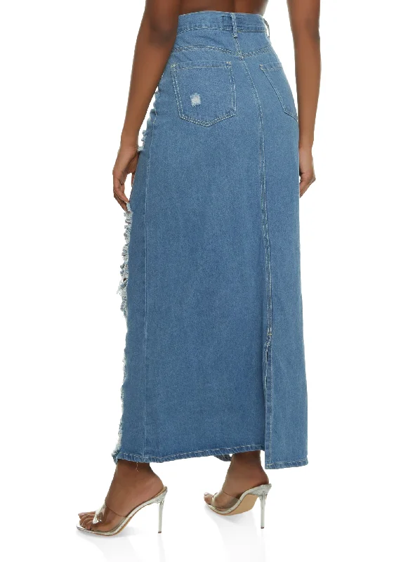 Slashed Distressed Denim Maxi Skirt