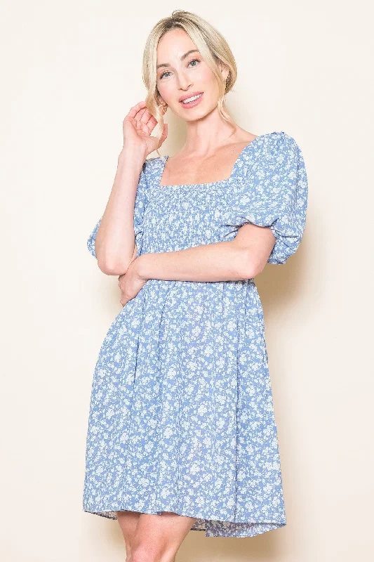 Light Blue Floral Smocked Tie Back Dress