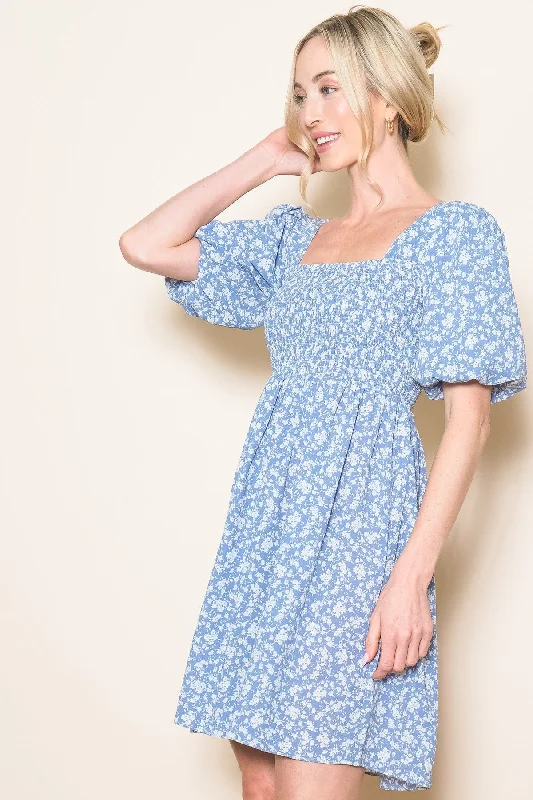 Light Blue Floral Smocked Tie Back Dress