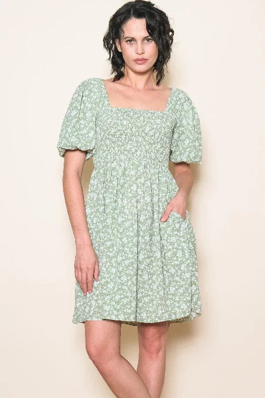 Light Olive Floral Smocked Tie Back Dress