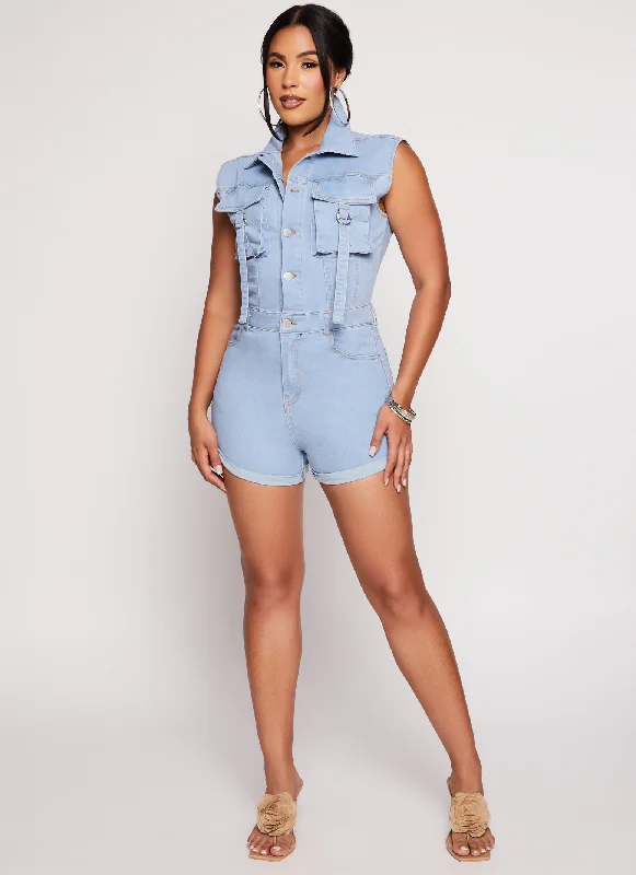 Daisy Denim Sleeveless Utility Romper