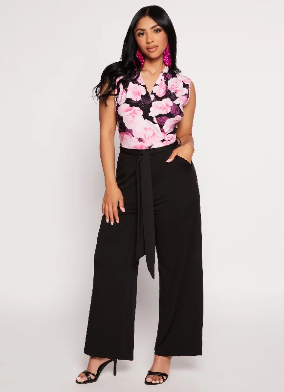 Printed Faux Wrap Tie Waist Jumpsuit