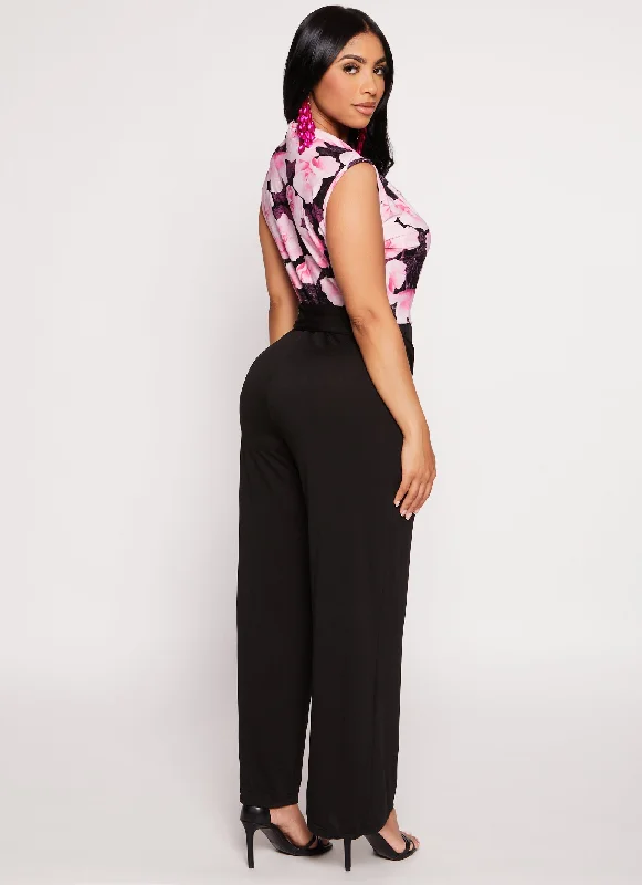 Printed Faux Wrap Tie Waist Jumpsuit