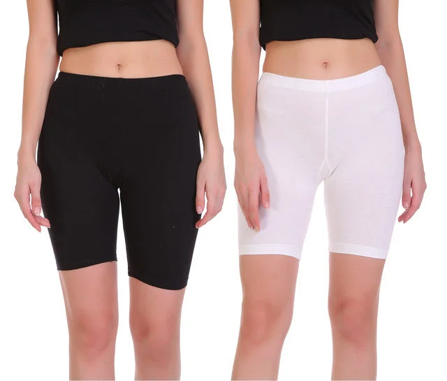 T.T. Women Cotton Spandex  Multipurpose Short Pack Of 2 White-Black