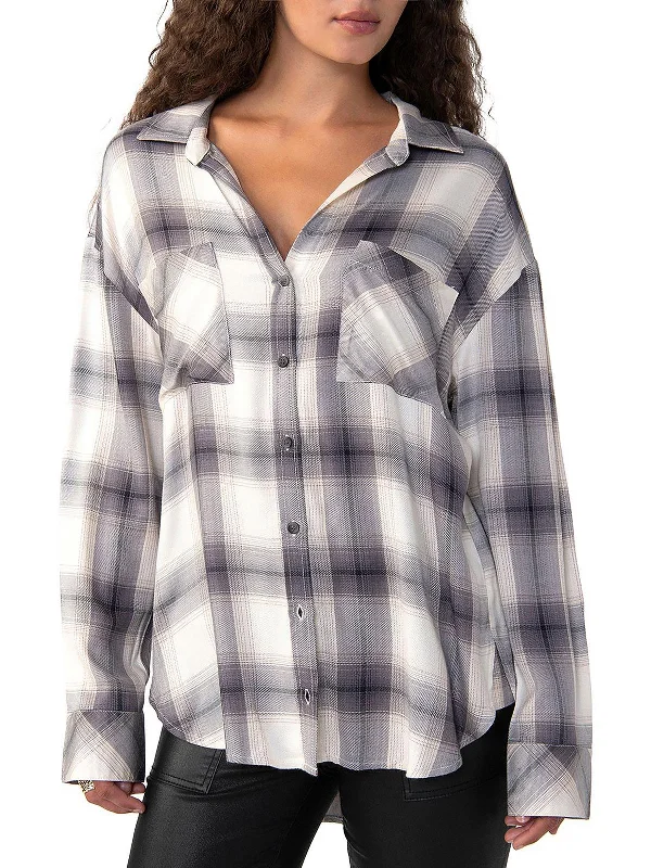 Womens Plaid Slit Back Button-Down Top