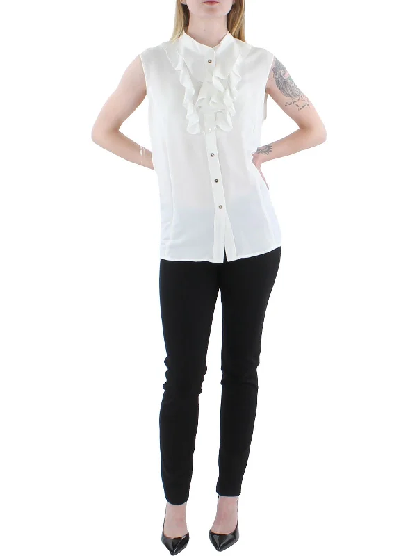 Womens Ruffled Dressy Button-Down Top