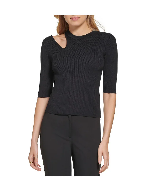 Womens Shoulder Cut-Out Ribbed Pullover Top