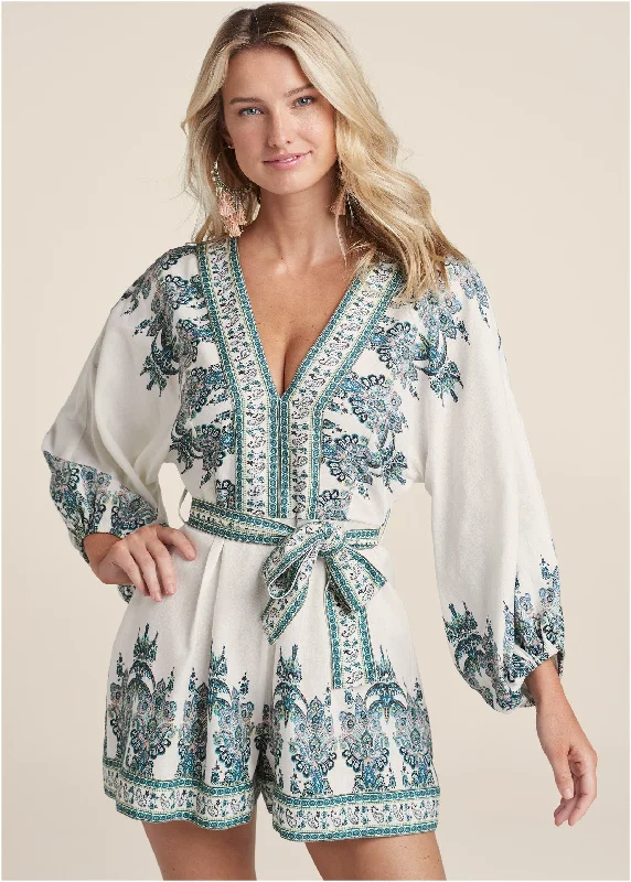 Paisley print linen romper - White Multi