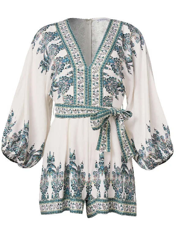 Paisley print linen romper - White Multi