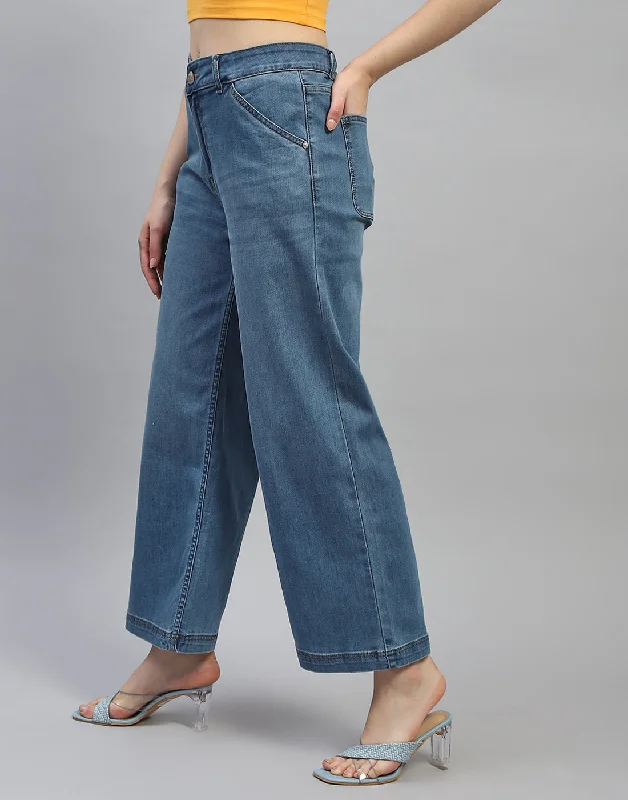 Women Blue Solid Wide Leg Denim