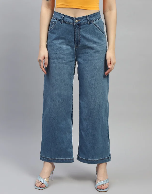 Women Blue Solid Wide Leg Denim