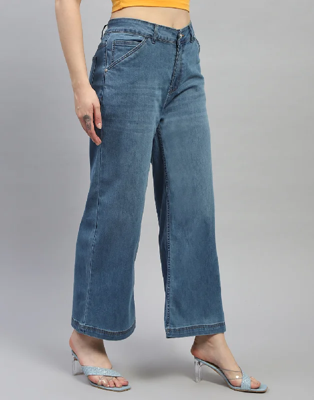 Women Blue Solid Wide Leg Denim