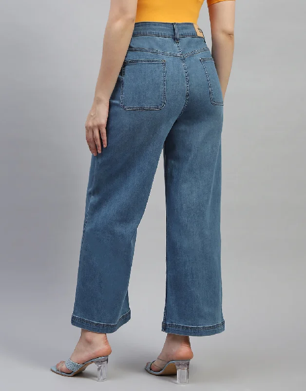 Women Blue Solid Wide Leg Denim