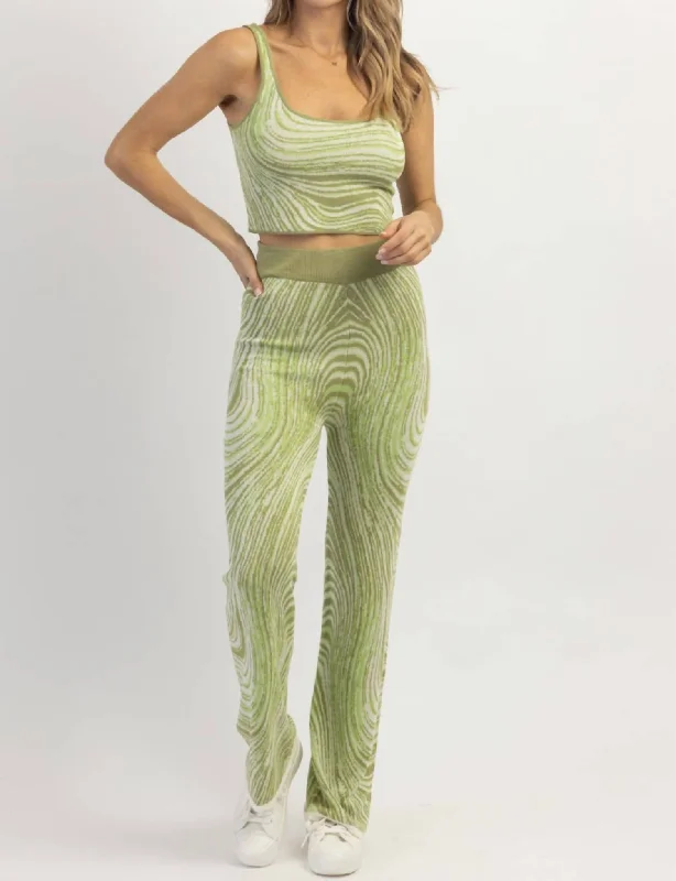 Abstract Print Knit Pant Set In Green