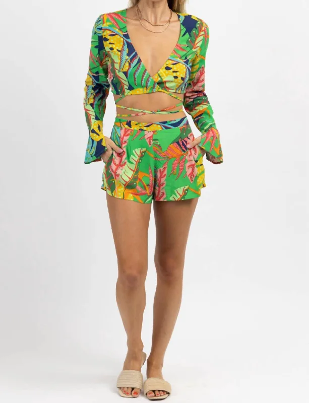 Bungalow Tropic Tie Top + Short Set In Green Multi