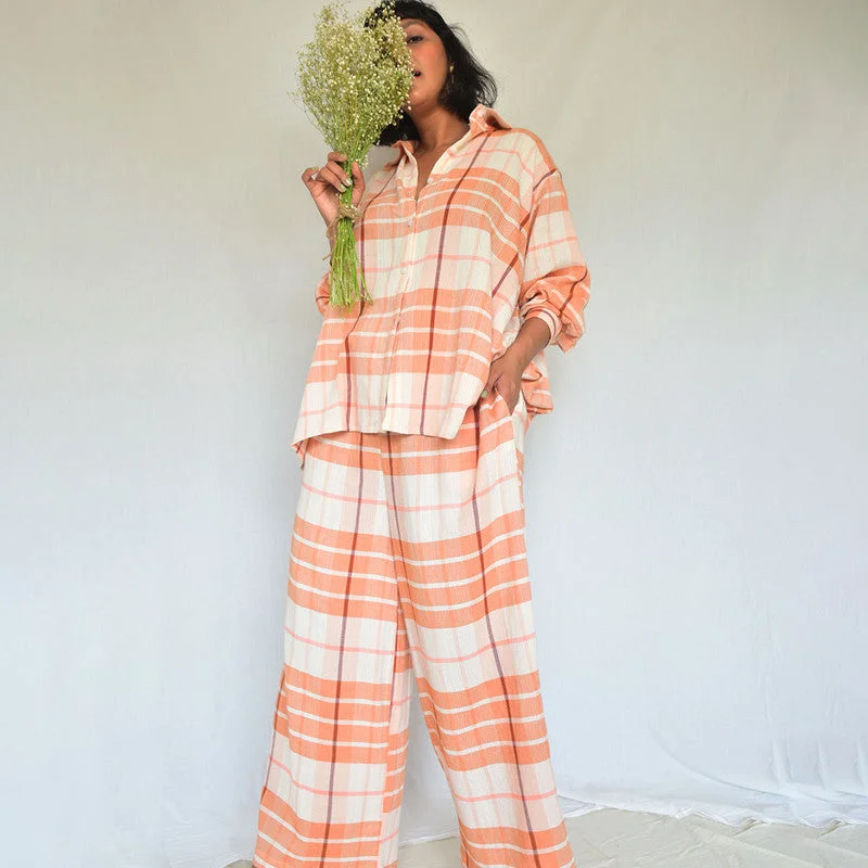 Cotton Checkered Loungewear Set | Peach & Orange