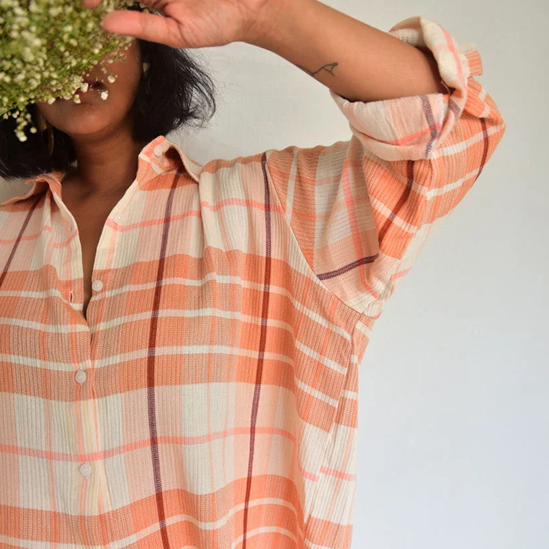 Cotton Checkered Loungewear Set | Peach & Orange