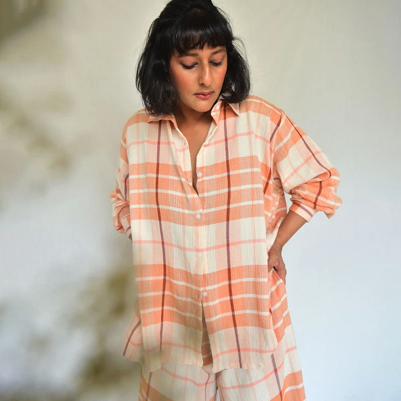 Cotton Checkered Loungewear Set | Peach & Orange