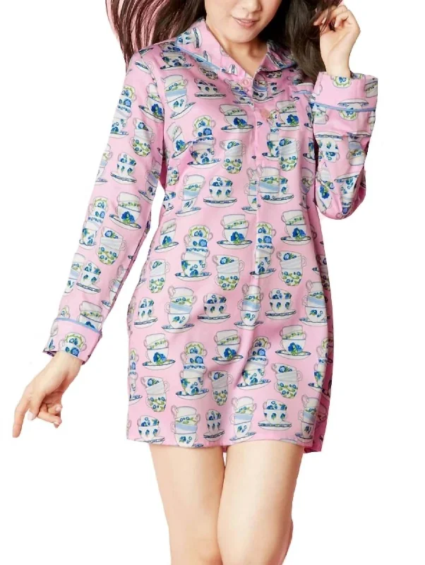 Cuppa Tea Sateen L/s Pleated Nightshirt In Pink