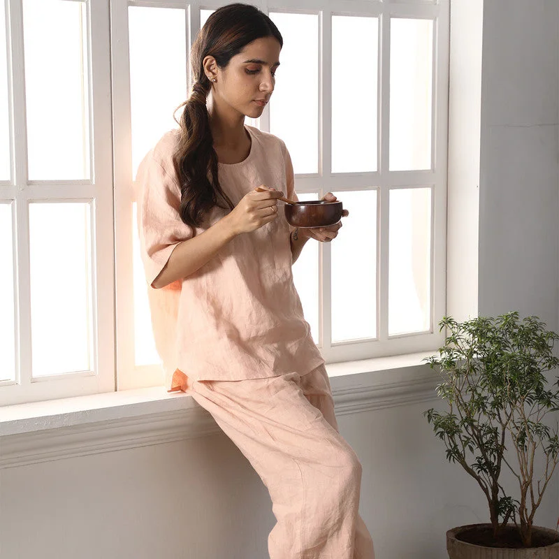 Pure Linen Lounge Wear Set | Pink