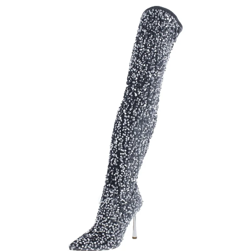 Vivee Womens Velvet Sequined Over-The-Knee Boots