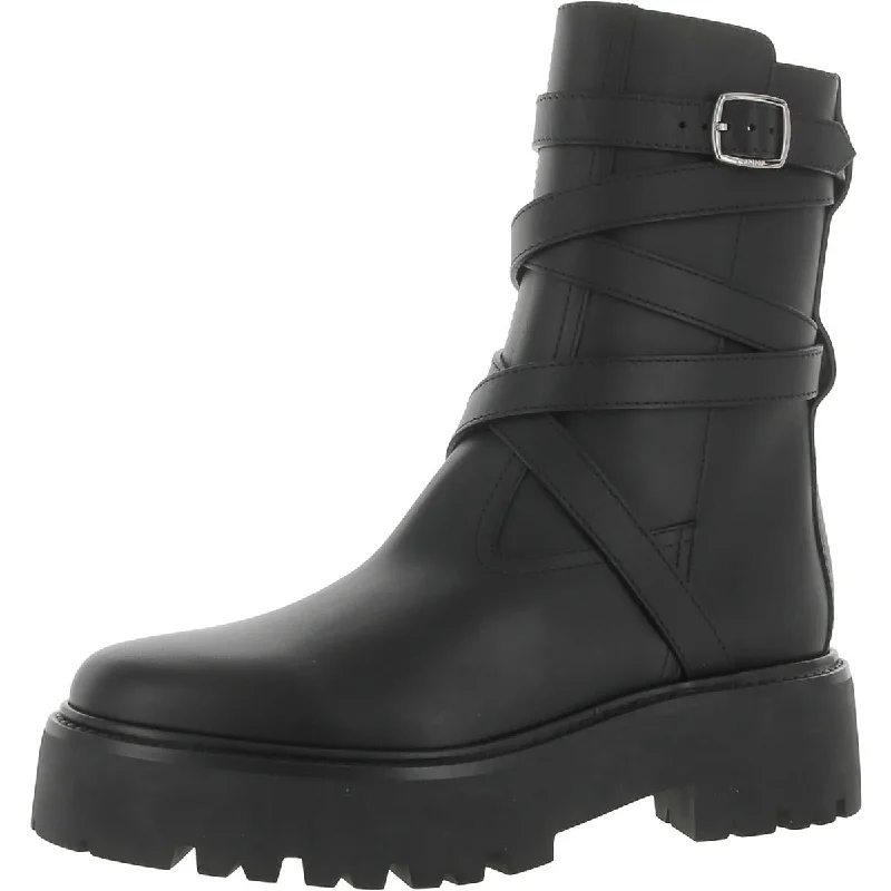 Buckled Biker Boot  Womens Faux Leather Warm Mid-Calf Boots