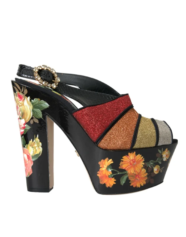 Dolce & Gabbana Multicolor Floral Crystal Platform Sandals Women's Shoes