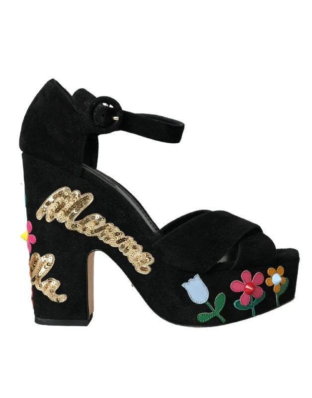 Dolce & Gabbana Black Floral Ankle Strap Heels Sandals Women's Shoes