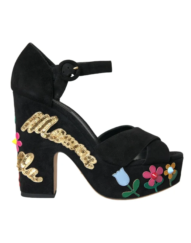 Dolce & Gabbana Black Suede Ankle Strap Heels Sandals Women's Shoes