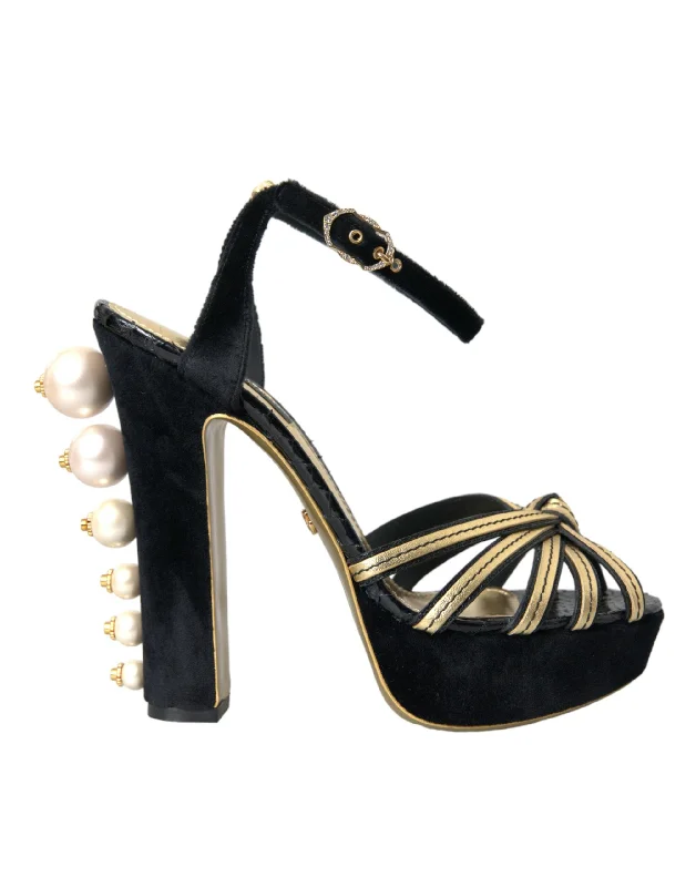 Dolce & Gabbana Black Gold Embellished Heels Sandals Women's Shoes