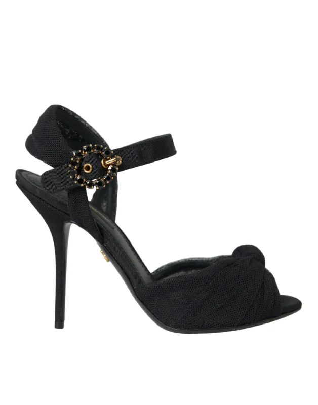 Dolce & Gabbana Black Suede Embellished Heels Sandals Women's Shoes