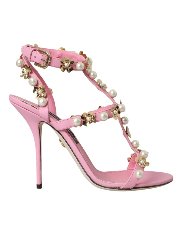 Dolce & Gabbana Pink Leather Embellished Heels Sandals Women's Shoes