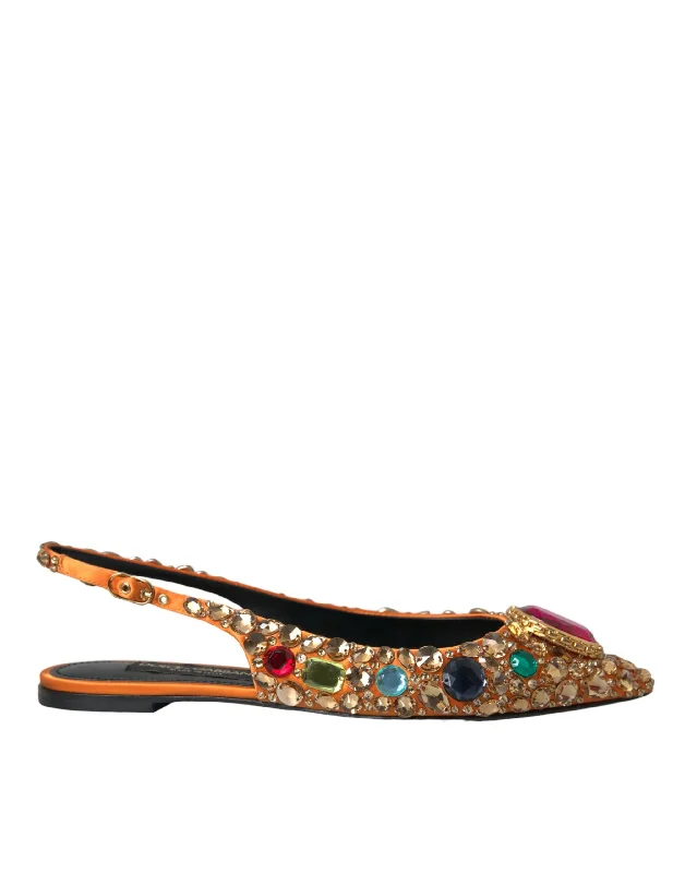 Dolce & Gabbana Orange Satin Crystals Flats Sandals Women's Shoes