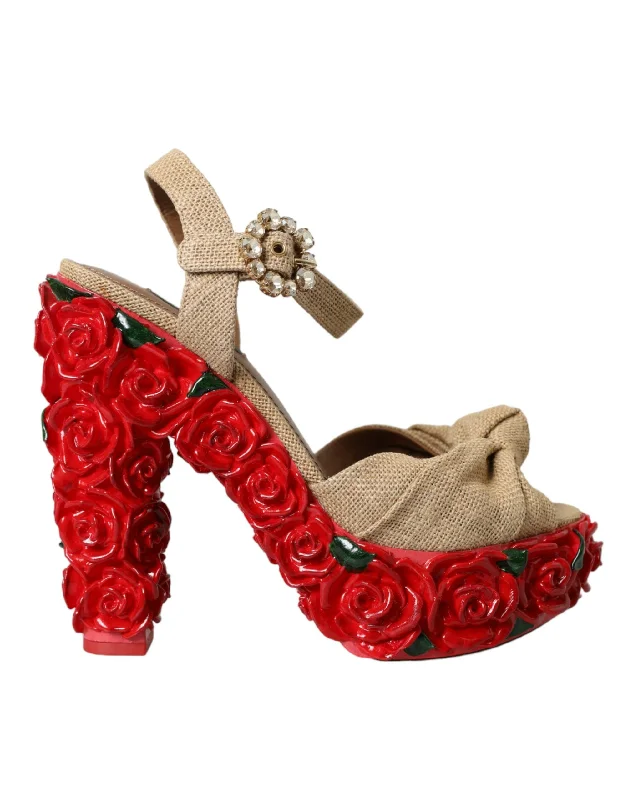 Dolce & Gabbana Red Roses Crystal Platform Sandals Women's Shoes